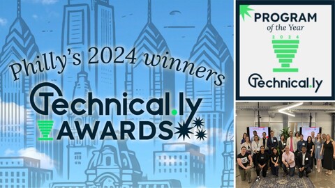 Blue illustrated image of Philly skyline and Technical.ly Philly Program of the Year Award with image of Accelerator 2024 cohort at Pennovation Center 