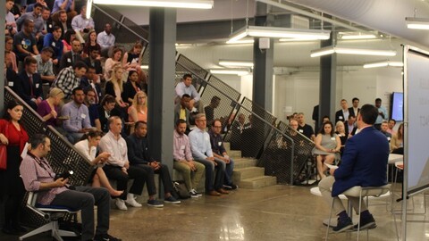 A group gathered on the stairs I-Corps Spring 2017 Pitch Event