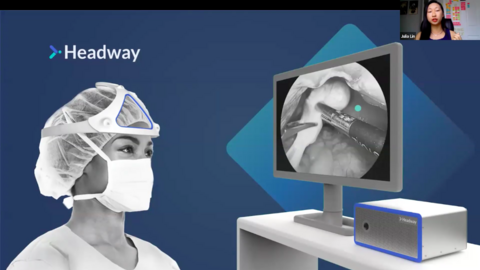 screenshot of Headway's pitch with a small photo of Julia Lin in the corner and a rendering of their product in the OR