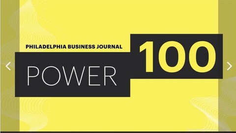 yellow and black "Power 100 list" logo from Philadelphia Business Journal