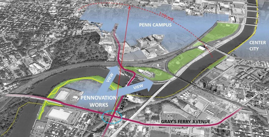 Pennovation Works site in relationship to Penn campus and Center City Philadelphia