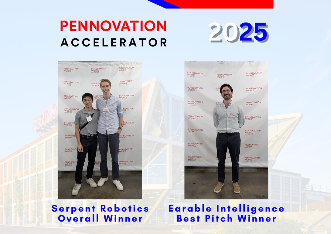 Overall and Best Pitch Winners standing in front of Pennovation step and repeat