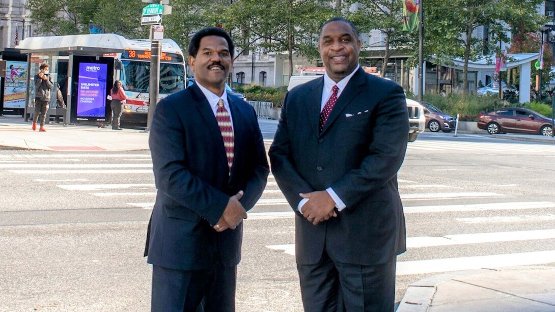 John Cureton, Co-founder of UHP Wireless Networks standing outside City Hall Philadelphia