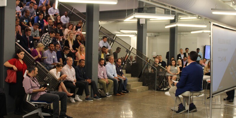 A group gathered on the stairs I-Corps Spring 2017 Pitch Event
