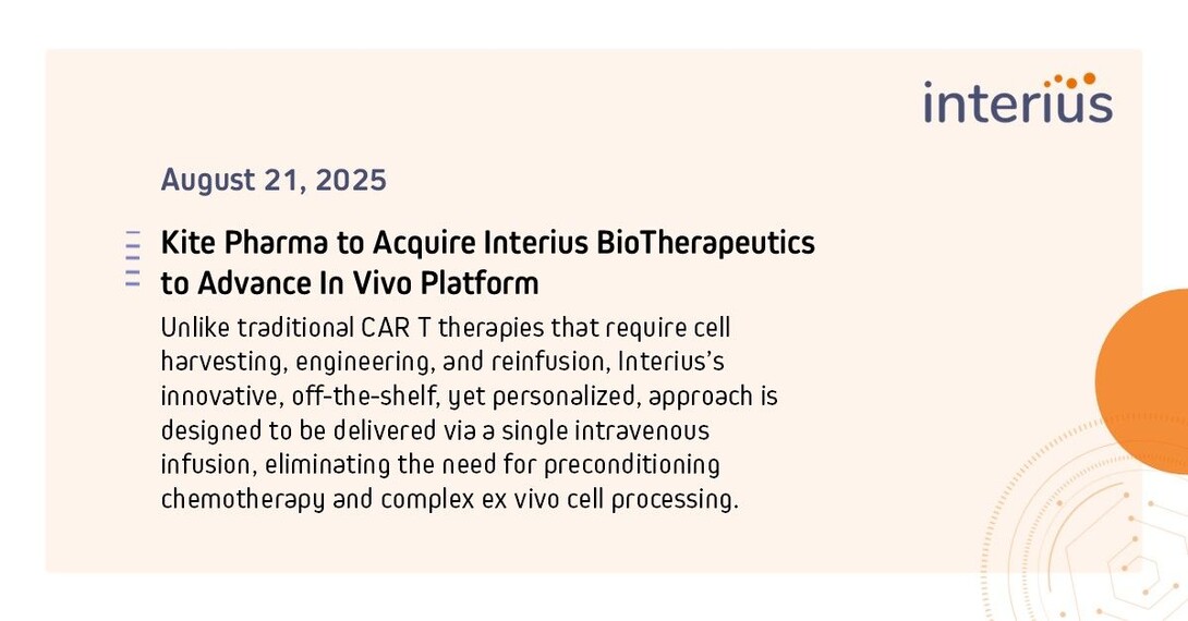 Interius BioTherapeutics has entered into a definitive agreement to be acquired by Kite Pharma, a Gilead company.