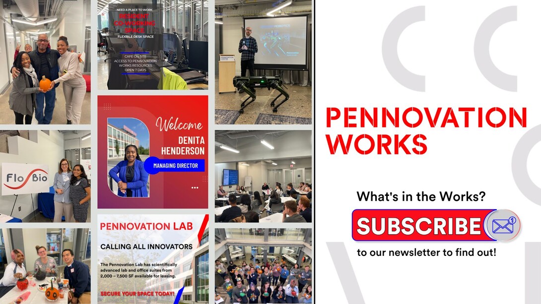 Subscribe to Pennovation Newsletter graphic featuring pumpkin paint and sip, PCIV showcase, new Managing Director