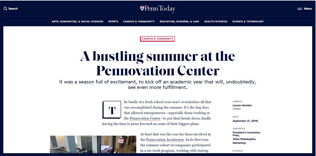 A Bustling Summer at the Pennovation Center website screen grab