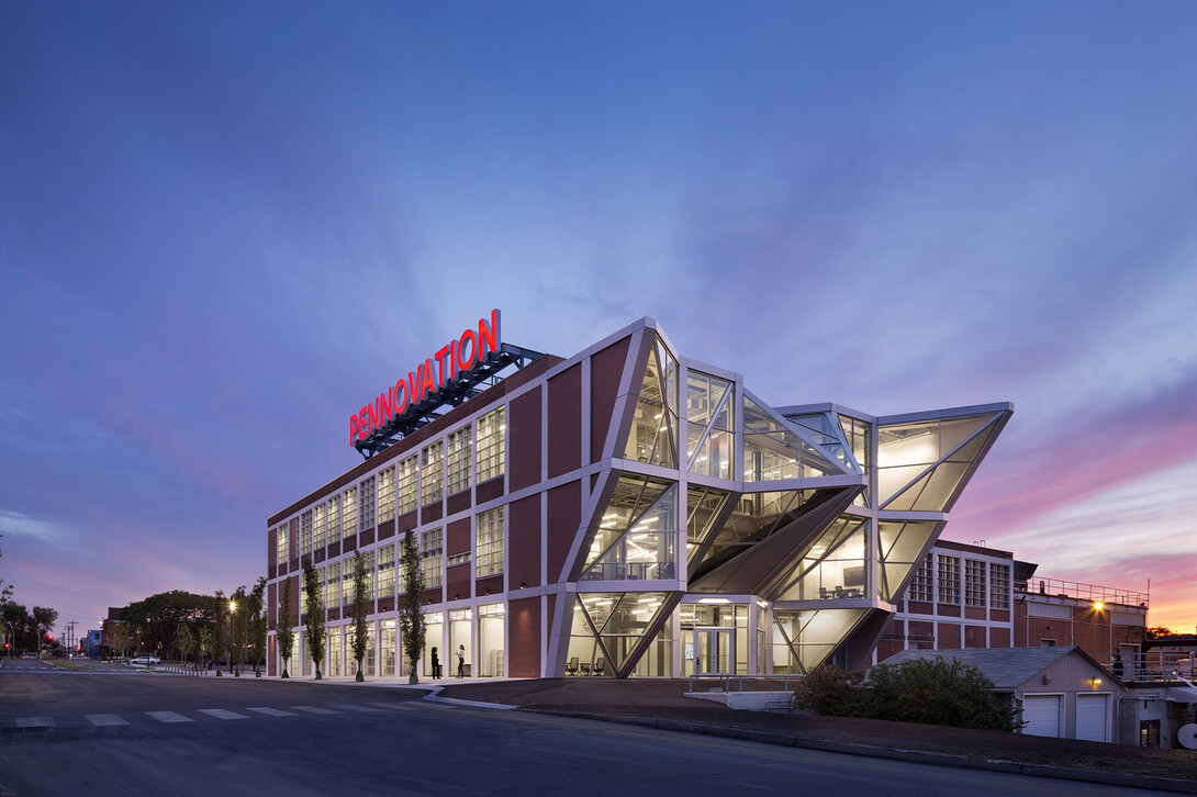 Photo of the Pennovation Center at twilight