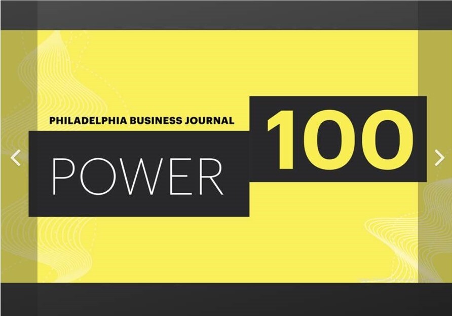 yellow and black "Power 100 list" logo from Philadelphia Business Journal
